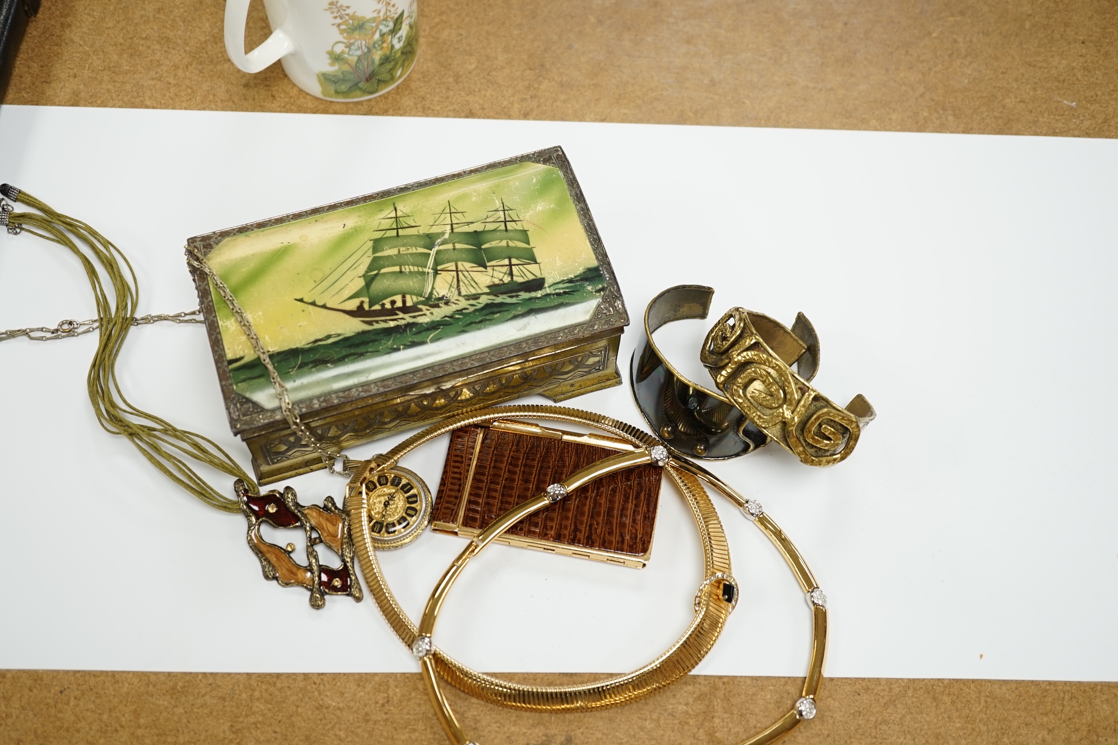 A quantity of assorted items including costume jewellery, silver plate, wrist watches mounted German porcelain plaque, etc.
